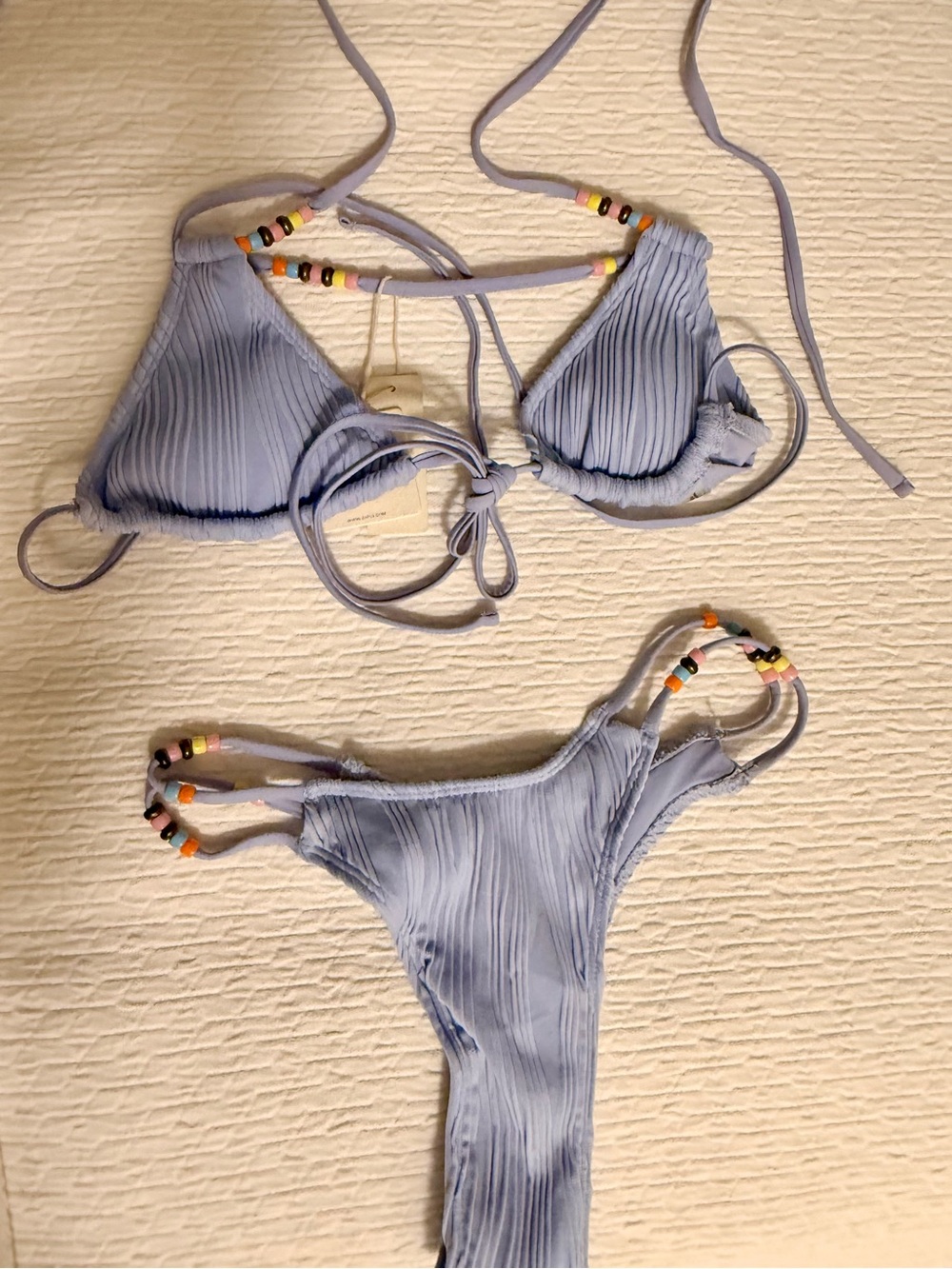 Light Blue Ribbed Triangle Bikini with Beaded Straps